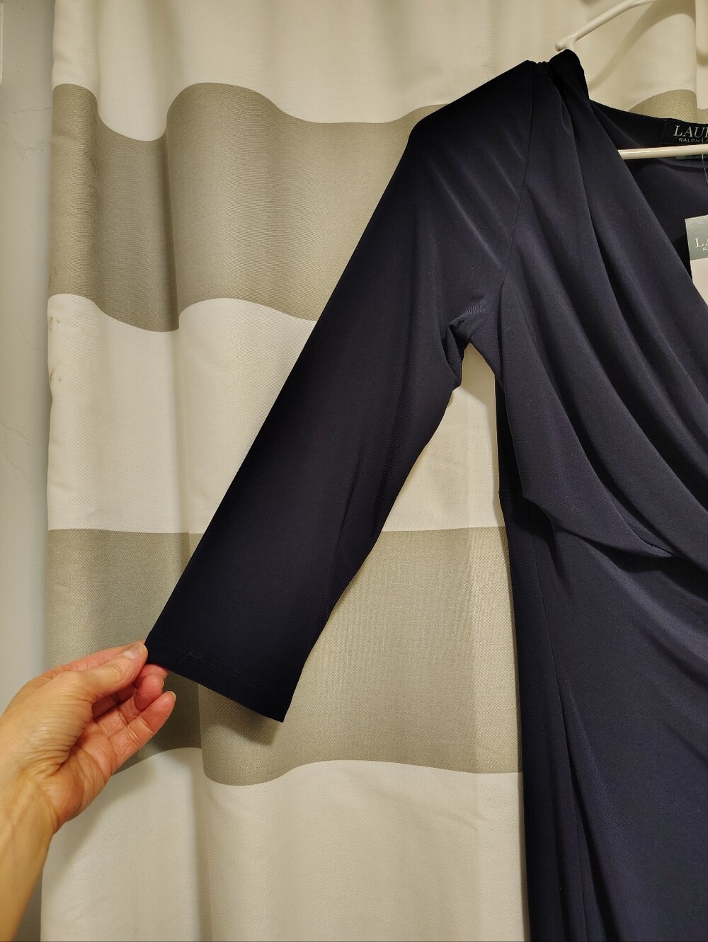 Stunning Ralph LaurenNavy Blue Draped Wrap Style 3/3 Sleeve Cocktail Midi Dress - Picture 8 of 11
